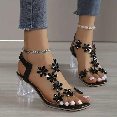 Barfusschweiz® - Blume Strass Blockabsatz Sandalen