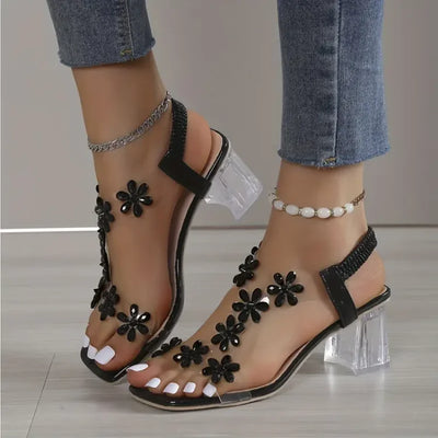 Barfusschweiz® - Blume Strass Blockabsatz Sandalen