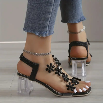 Barfusschweiz® - Blume Strass Blockabsatz Sandalen