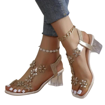 Barfusschweiz® - Blume Strass Blockabsatz Sandalen