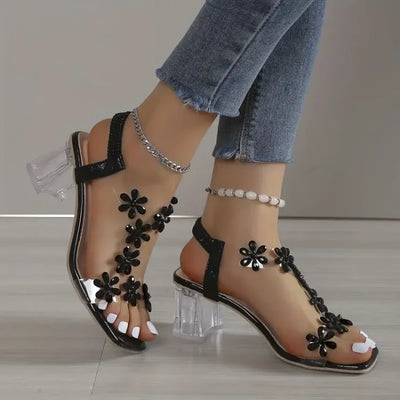 Barfusschweiz® - Blume Strass Blockabsatz Sandalen